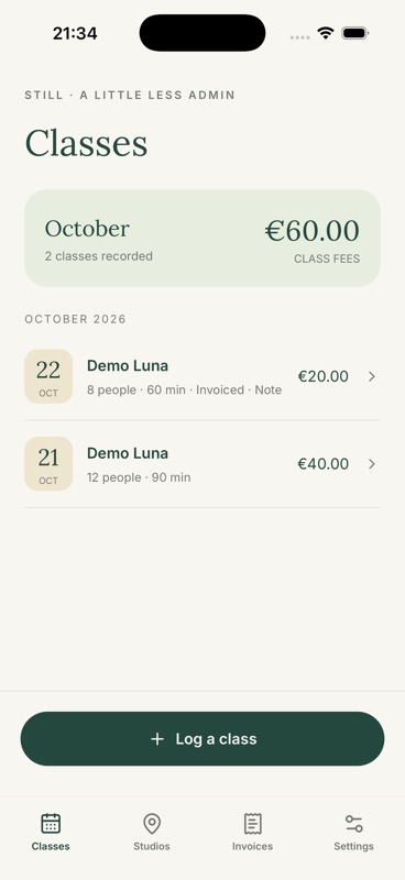 Still’s Classes screen, showing two example classes at Demo Luna and their recorded fees.