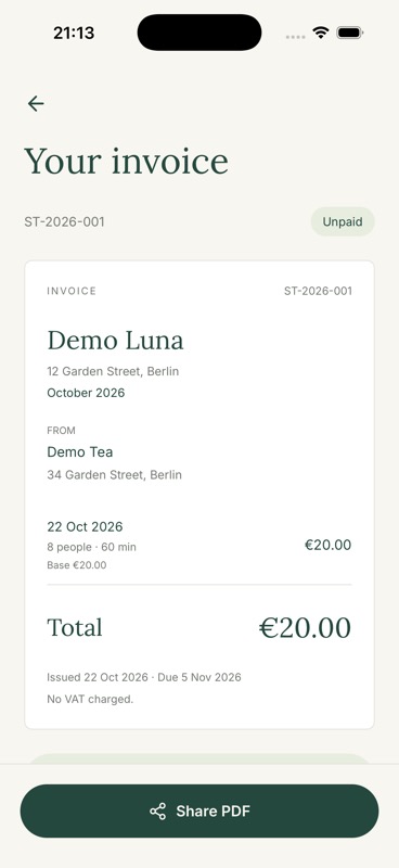 Still’s saved invoice screen for Demo Luna, with an itemised class, a total, a due date, and a Share PDF action.